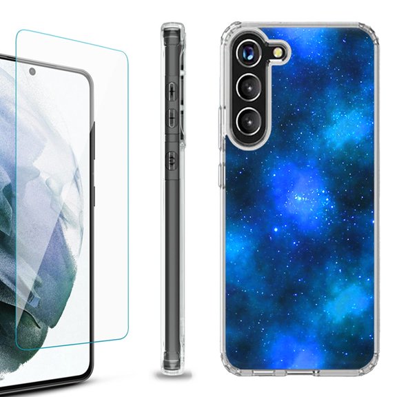 Shockproof Bumper Phone Case for Samsung Galaxy S23 5G, with Tempered Glass Screen Protector, by OneToughShield ® - Cosmos/Stars