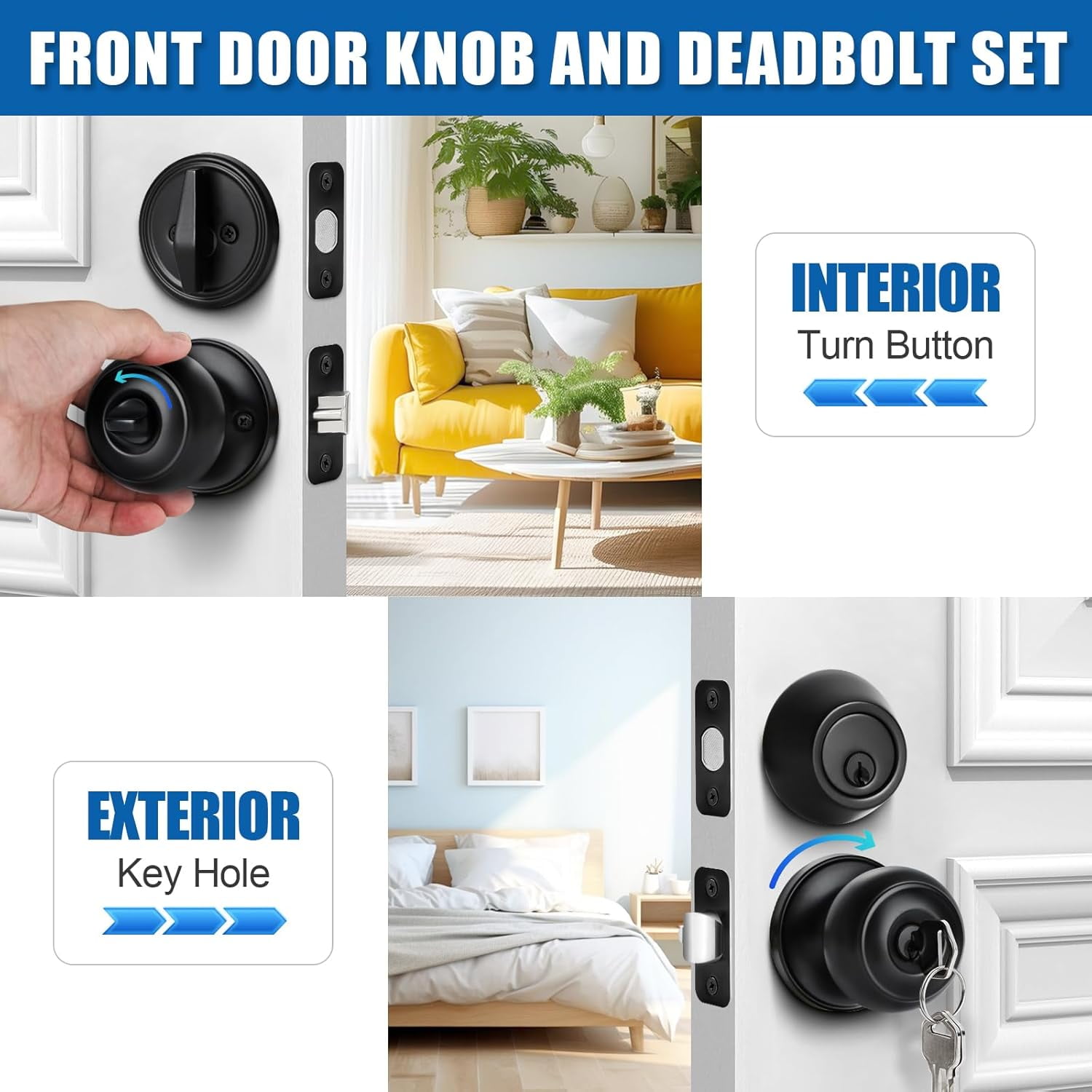 4 Sets Entry Door Knob and Single Cylinder Deadbolt Combo, Keyed Alike Round Ball Matte Black Exterior Door Locks with Keys for Front Door Security
