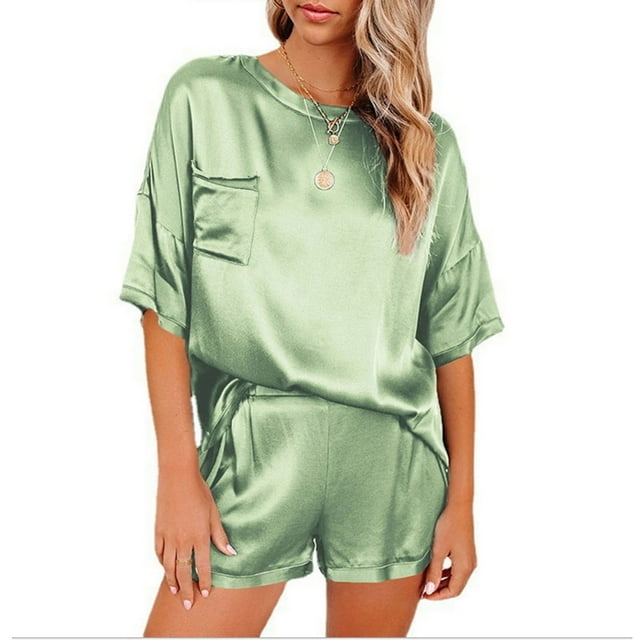 Gspmoly Hauts de Printemps pour Femmes, Pyjama Uni pour Femmes Ensemble Deux Pièces Décontracté Mode T-Shirt à Manches Courtes + Shorts pour Femmes T-Shirts pour Femmes jusqu'à 60 % de Rabais