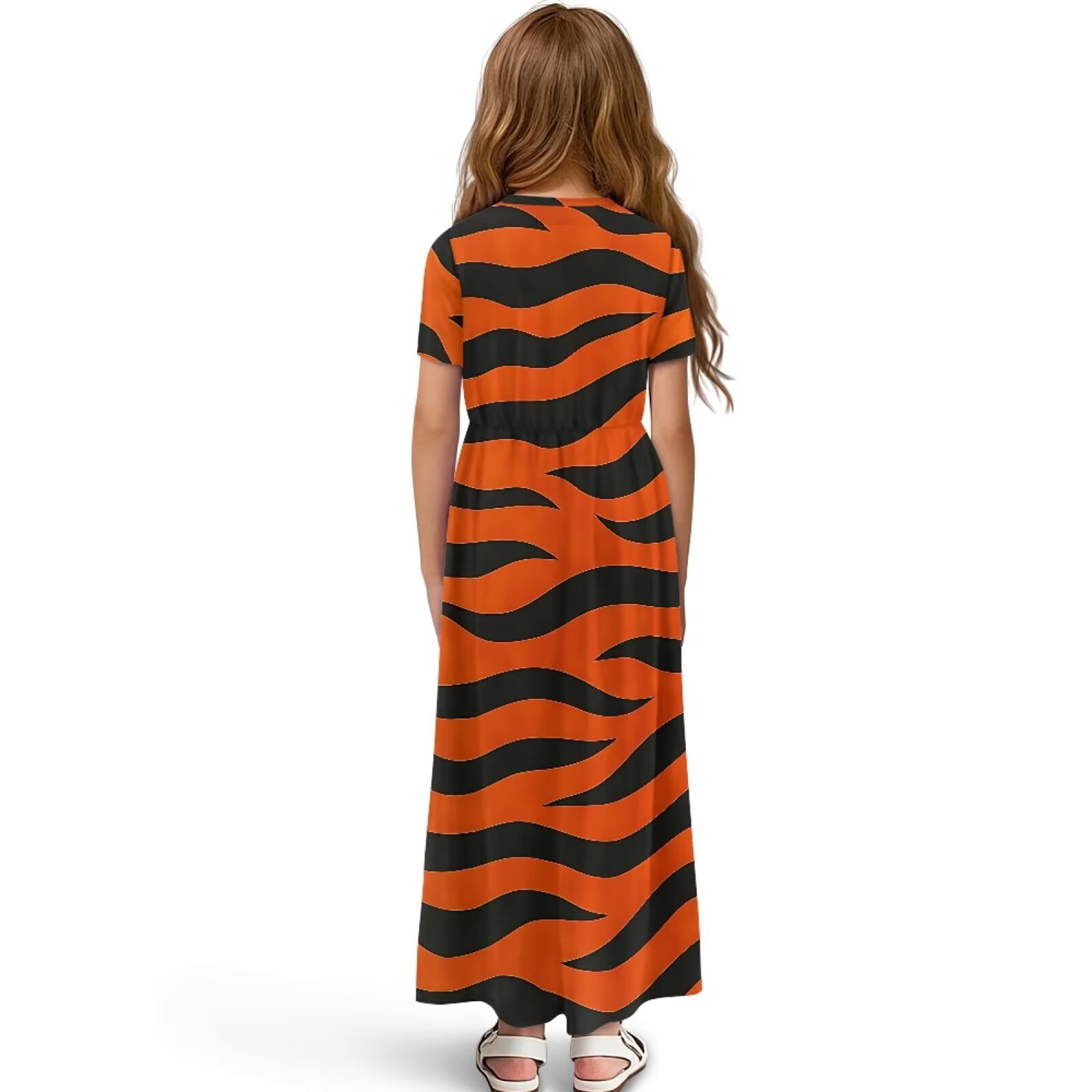 Uourmeti Girls Casual Dresses Swing Tiger Stripes Printed Short Sleeve Loose Maxi Dresses for Birthday Party, Kindergarten, Daily Wear, Size 7-8 Years