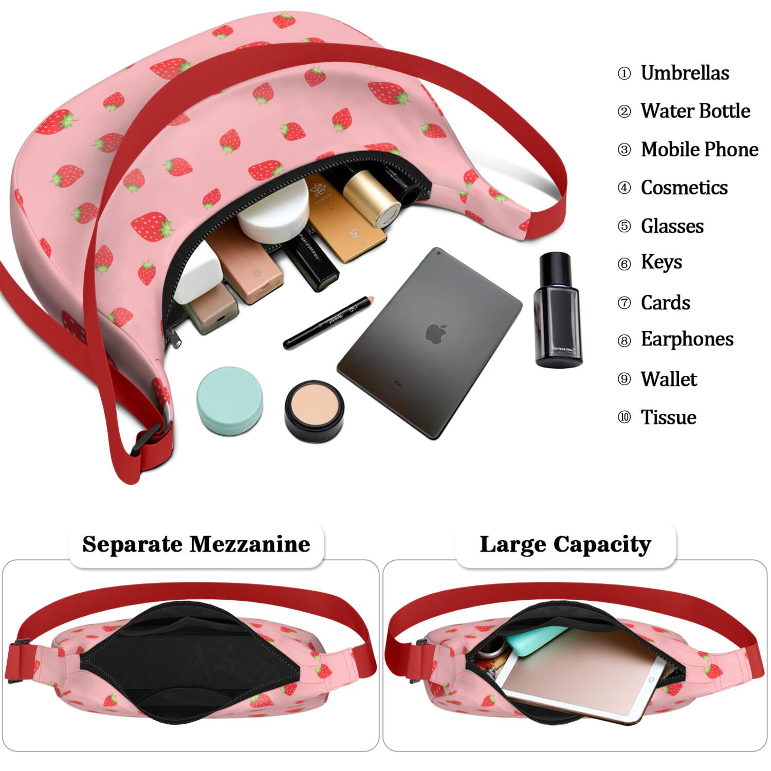 Fruity Strawberry Lover Shoulder Bag for Women, Cute Red Print Crossbody Purse, Lightweight Water-Resistant Hobo Tote, Sweet Summer Berry Handbag
