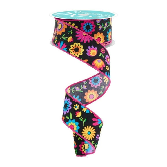 1.5" Fiesta Florals Ribbon: Black (10 Yards)
