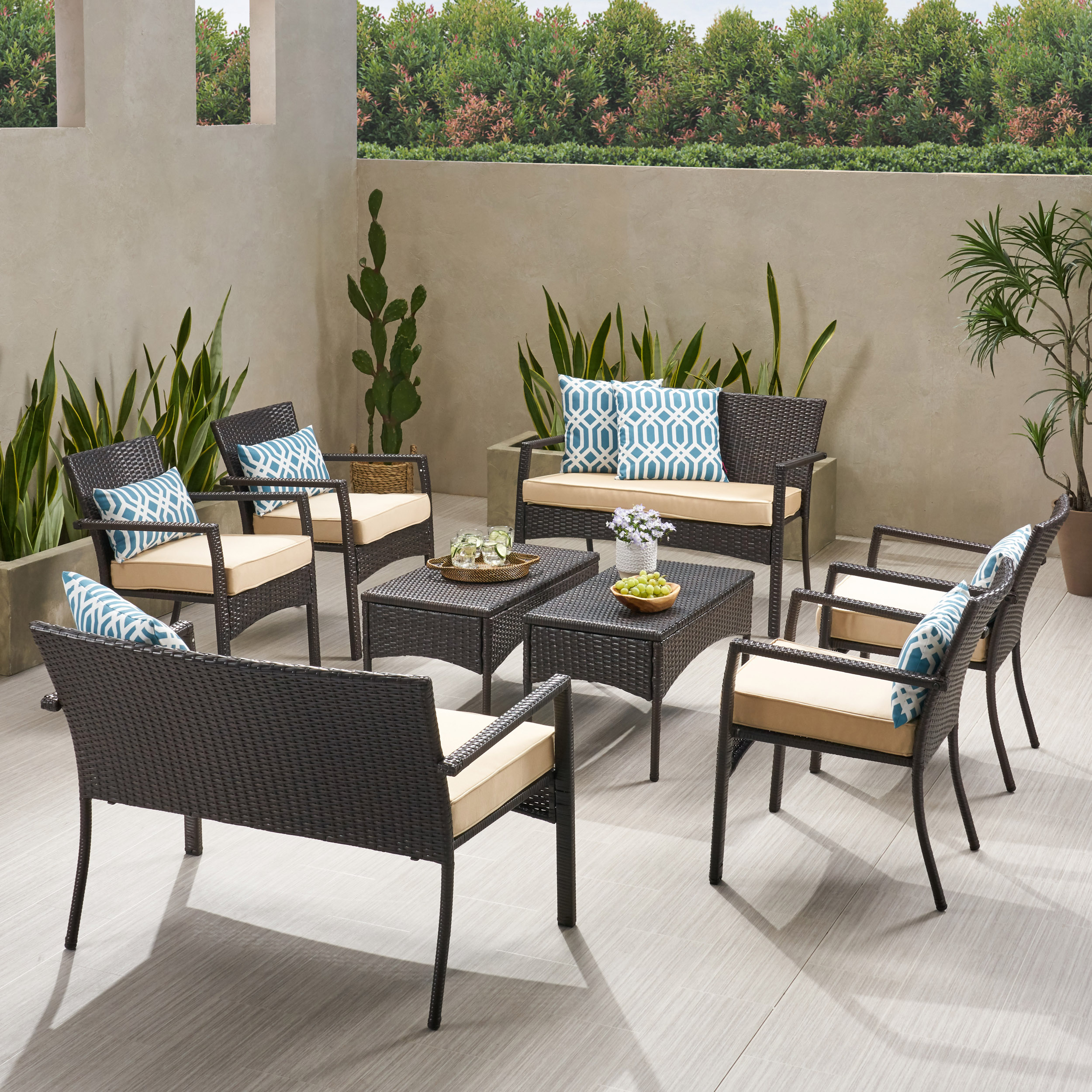 Fijian Outdoor 8 Seater Wicker Chat Set with Cushions, Multibrown and Dark Cream - image 2 of 10