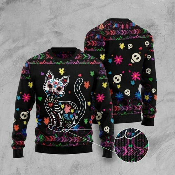 Cat Xmas Sweater, Cat Sugar Skull 3D Christmas Sweater, Sweater Xmas