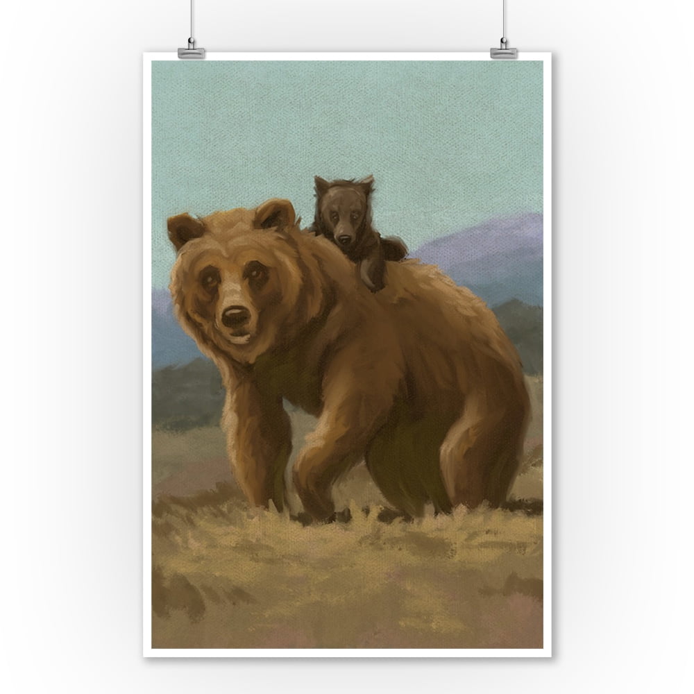 Grizzly Bears Oil Painting Lantern Press Artwork (9x12 Art Print
