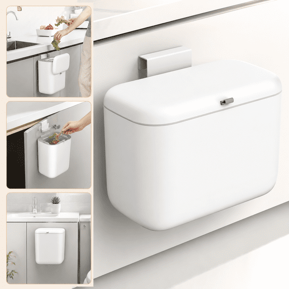 Emlimny Compost Bin Kitchen for Counter Top or Under Sink, Hanging Small Trash Can with Lid [1.3 Gal/5L], Food Waste Bin, Mountable Garbage Can for Cupboard/Bathroom/Bedroom/Office/RV, Matte White