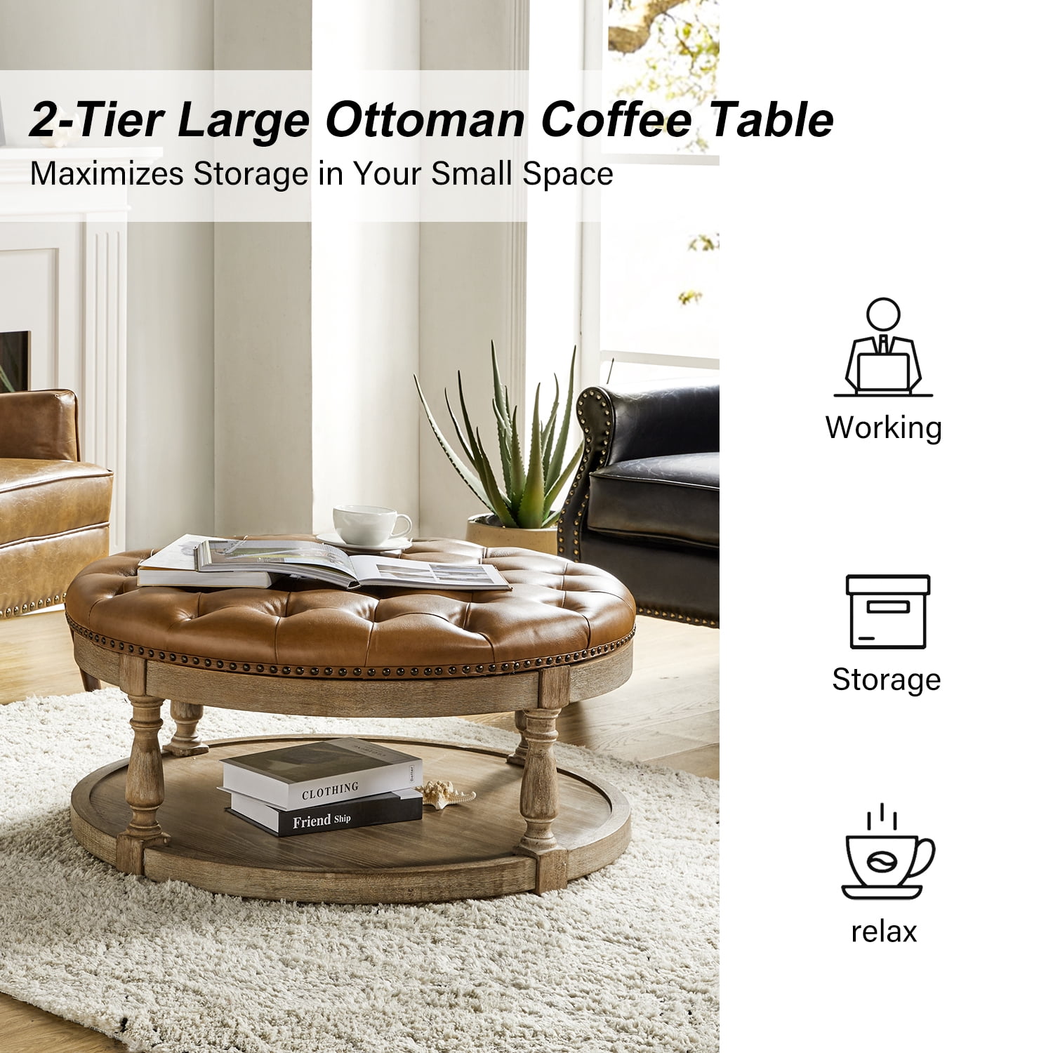 35" Leather Round Cocktail Ottoman Storage Coffee Table for Bedroom Home Living Room Camel