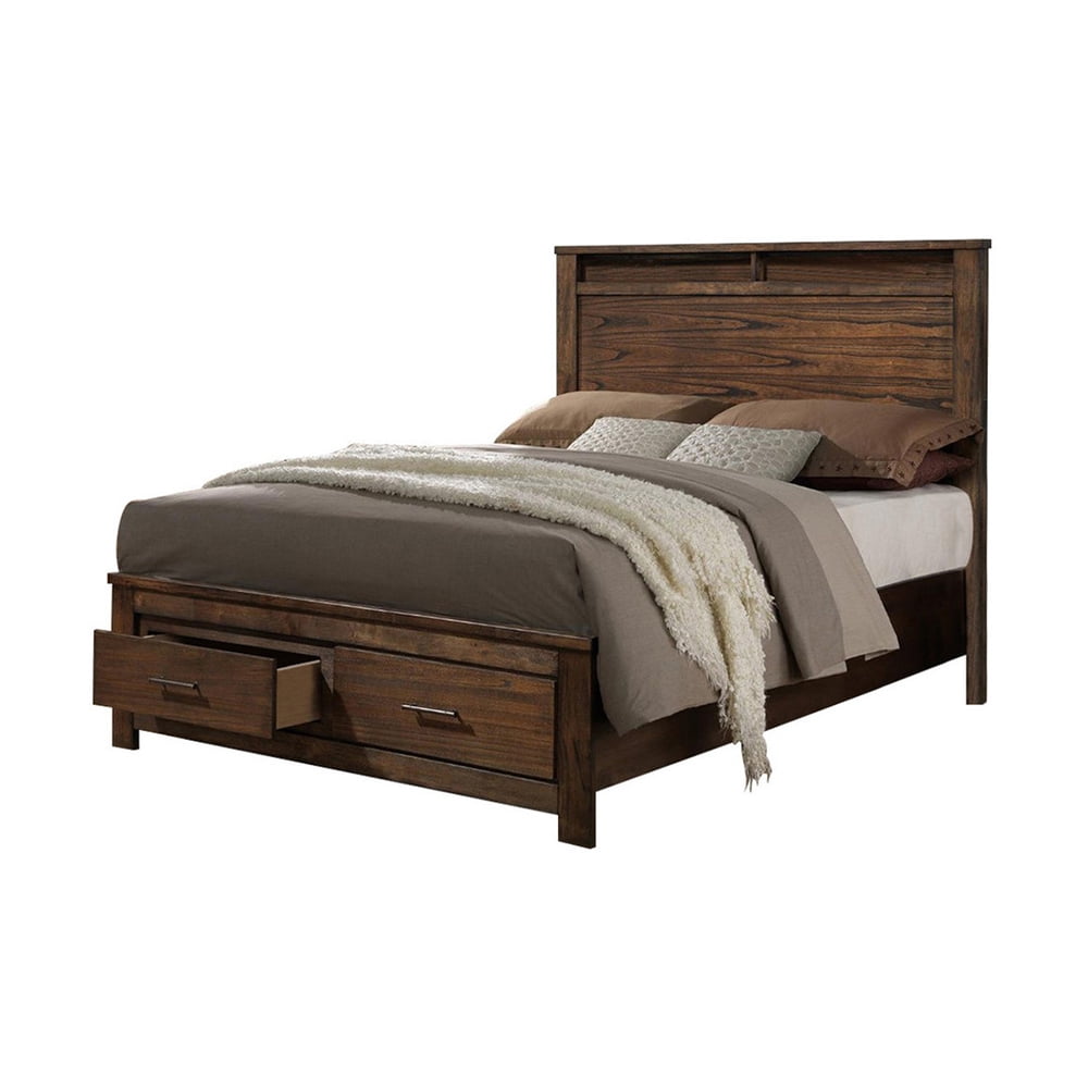 Enchanting Wooden Queen Bed With Display And Storage Drawers, Oak