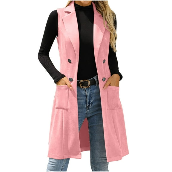Sahpxhe Womens Long Blazer Vest Open Front Sleeveless Notched Lapel Jackets Casual Vintage Layering Vest with Pockets Pink M