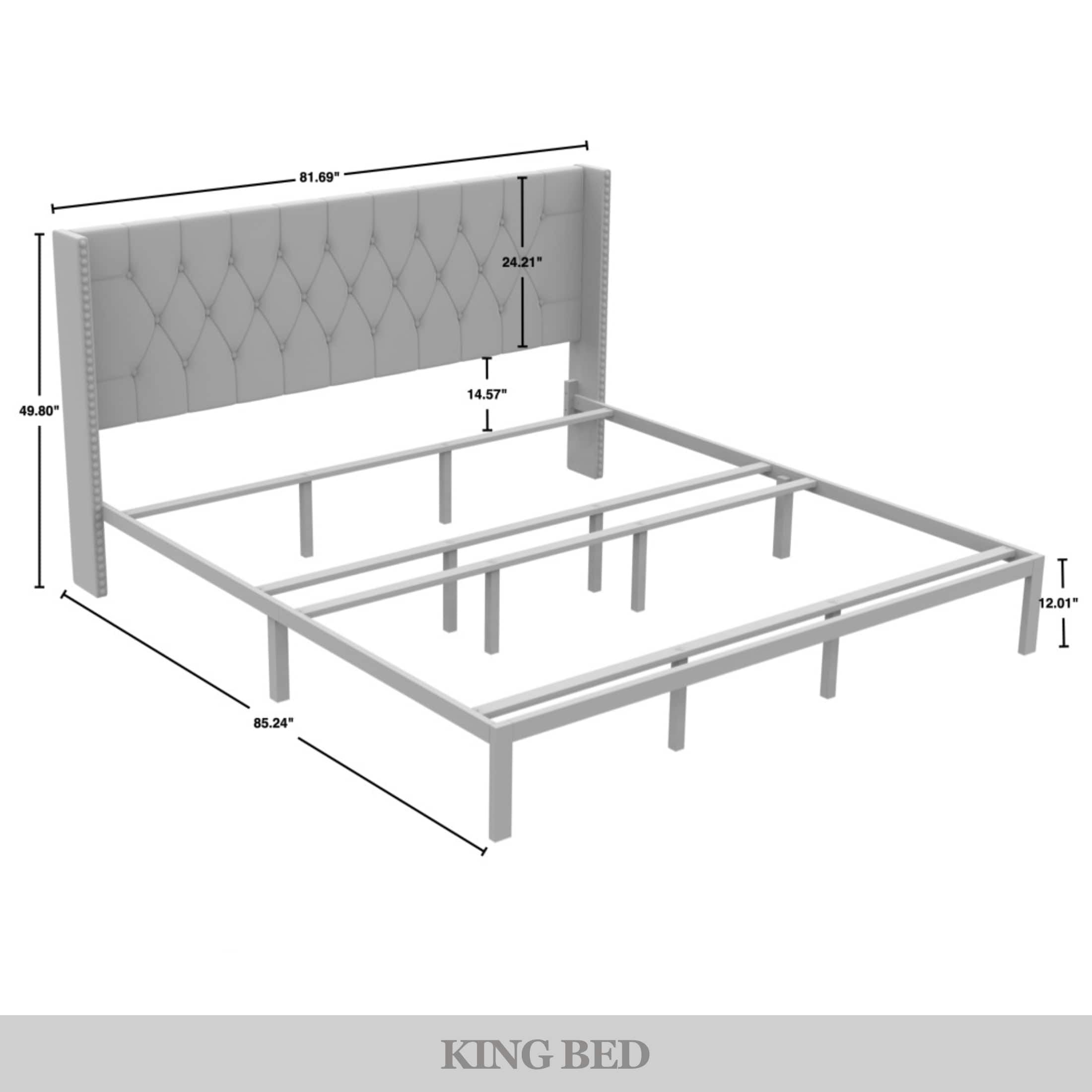 Castle Place Button Tufted Wingback Velvet Upholstered Bed with Storage Bench, Light Blue, King