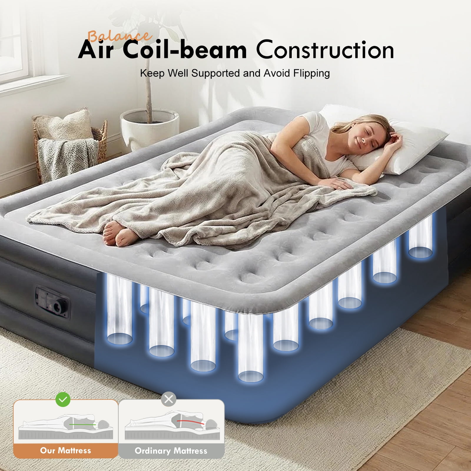 Honeydrill Queen Size Air Mattress 18.5" Airbed Inflatable with Built-in Pump, Gray