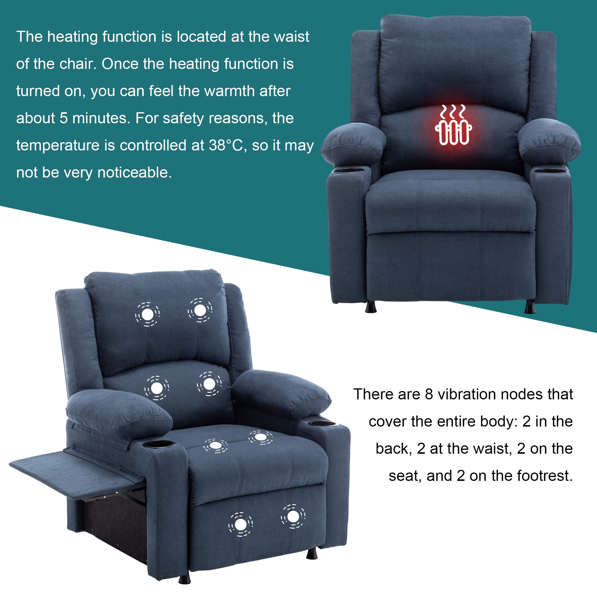 Andeworld 21" Recliner Chairs with Heat and Massage,Lazy Boy Recliner Chair for Adults,Recliner Sofa chairs with Cup Holder and Side Pocket for Living Rooms, Bedrooms, and Nurseries(Blue)