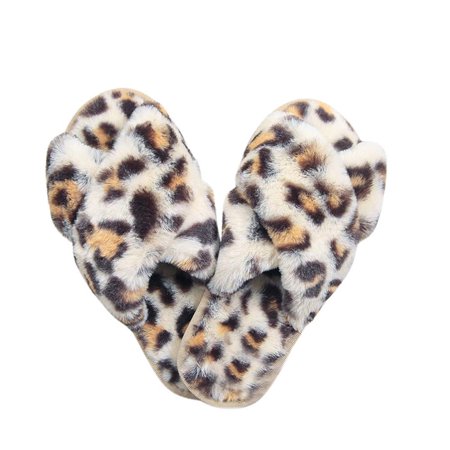 

Famure Plush Slippers-Soft Warm Women s Cross Band Slippers-Stylish Furry Leopard Open Toe House Shoes for Women-Anti-Slip Rubber Sole-for Ladies Indoor Outdoor