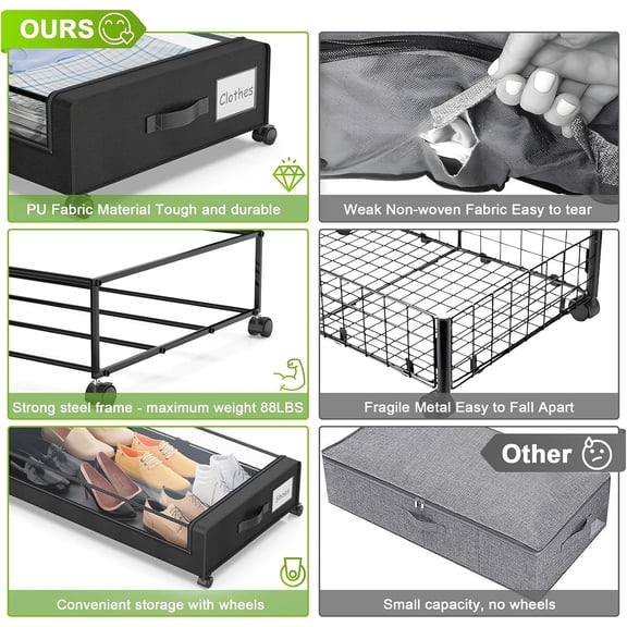 Under Bed Storage with Wheels, 4-Pack  Lid Rolling Metal Drawer for Clothes, Shoes, Toys, Books - Black