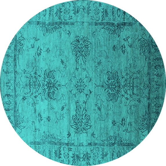 Ahgly Company Machine Washable Indoor Round Oriental Turquoise Blue Industrial Area Rugs, 6' Round