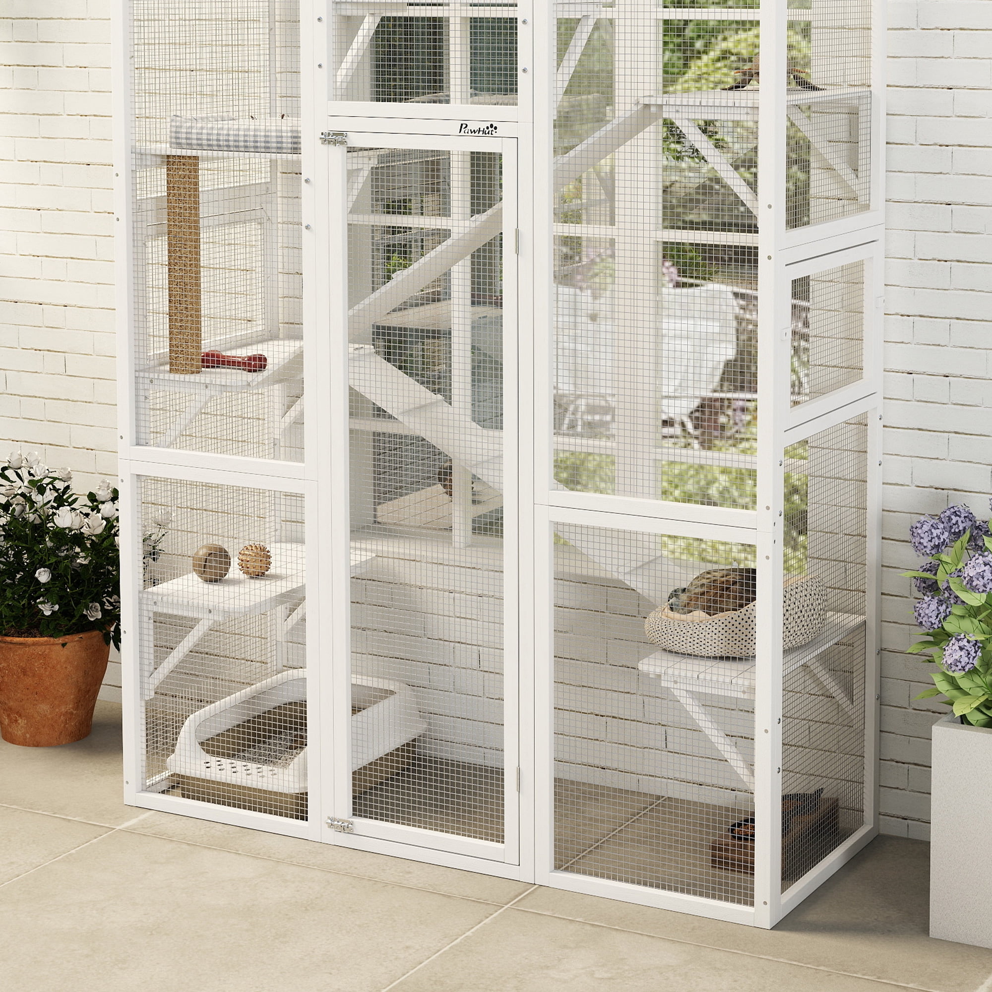 PawHut Outdoor Catio Cat Enclosure, Large Wooden Cat House with 6 Jumping Platforms, Scratching Post, 2 Ramps, Waterproof Roof, for 2-3 Kittens