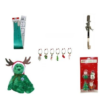Christmas Fun Gift Bundle [5 Piece] - Myco's Best Pull Bows Set of 10 - Silver Reindeer Over The Door Wreath Hanger  - LSArts Wine Glass Charms  Set of 6 - Ty Beanie Babies Reindeer Bear  6