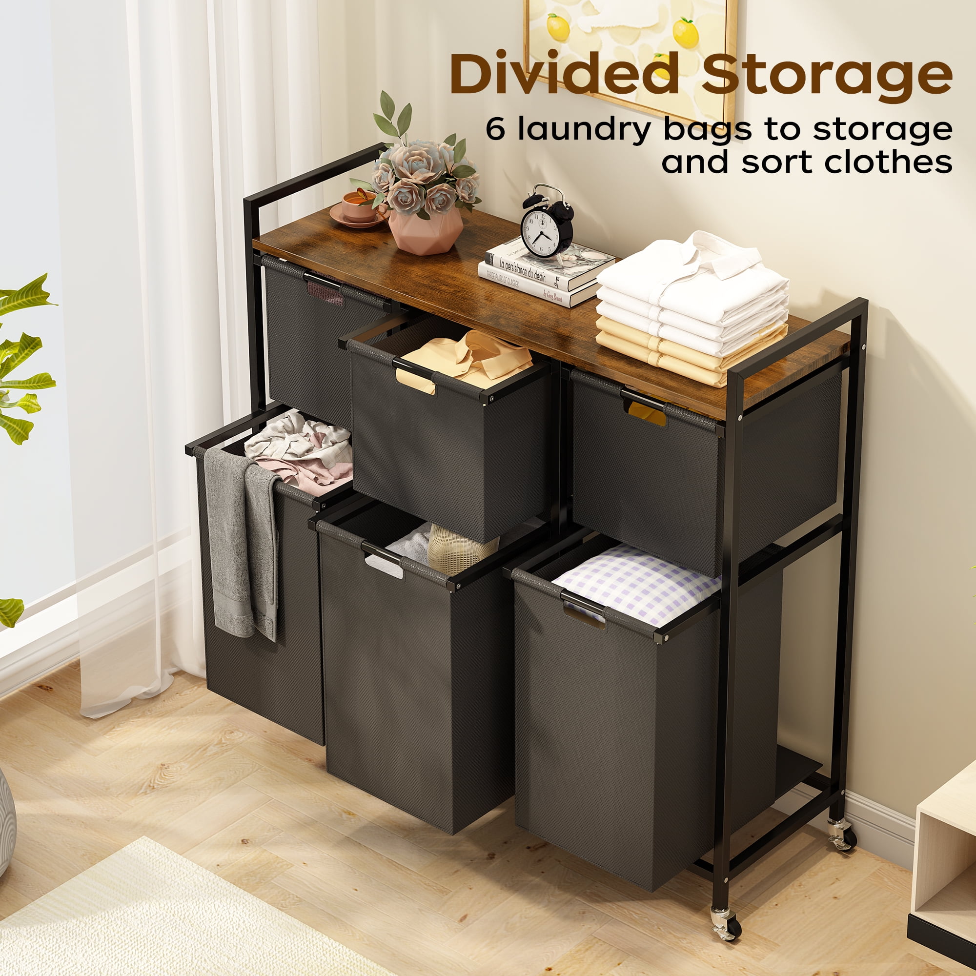 Laundry Basket with Wheels, Rolling Laundry Hamper Organizer with Large Desktop, Laundry Sorter with 6 Pull-Out and Removable Laundry Bags, Metal Frame, Rustic Brown and Black