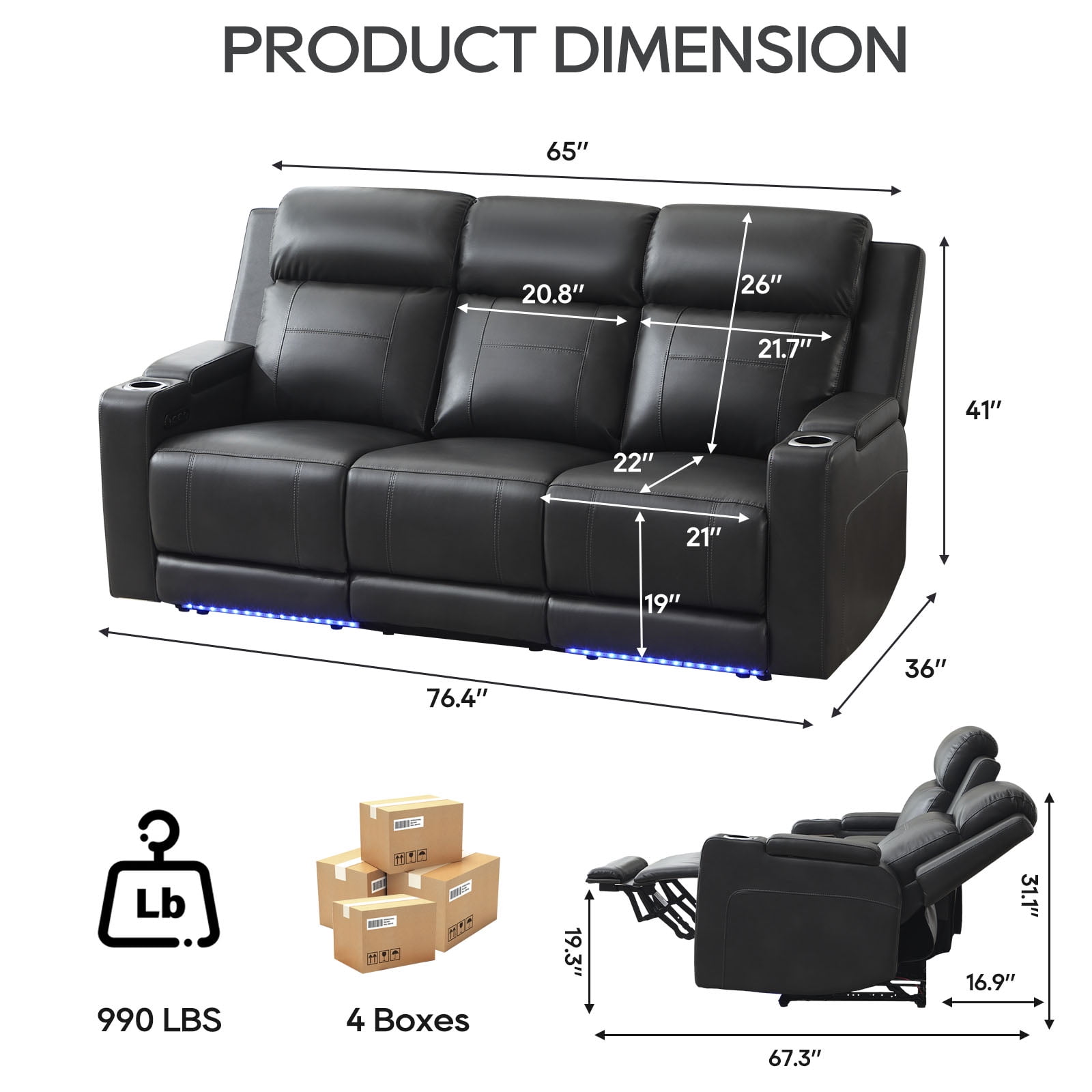 Power Recliner Sofa, Home Theater Seating with Adjustable Headrest, Blue LED Lighting, Reclining Loveseat, Flip-Up Backrest Storage, Multi-Port Charger, Cup Holder, USB