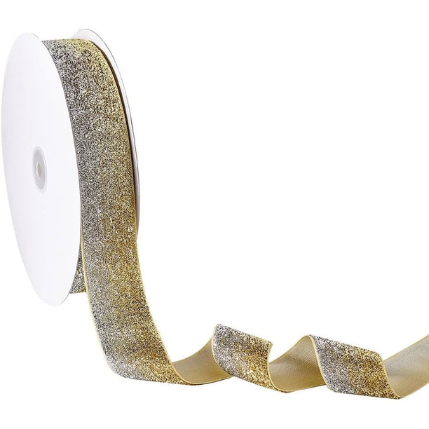 Cinta de terciopelo metálico dorado navideño de aproximadamente 25 yardas (22,8 m), 1,5 pulgadas (3,8 cm) de ancho, cinta de poliéster brillante de una sola cara con carrete.