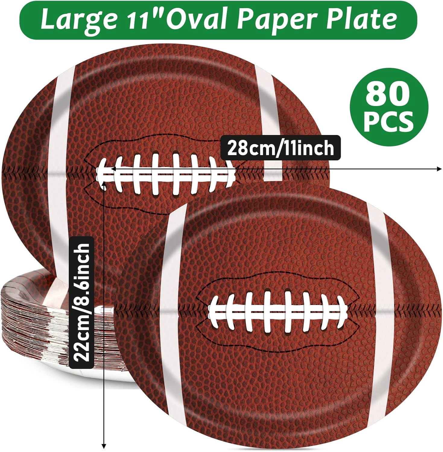 80 PCS Football Oval Paper Plates Large 11” Disposable American Rugby Sport Platters, Touch Down Boy Birthday Theme Party Heavy Duty Dish Tray for BBQ Gathering Picnic Carnival Dinner Party Tableware