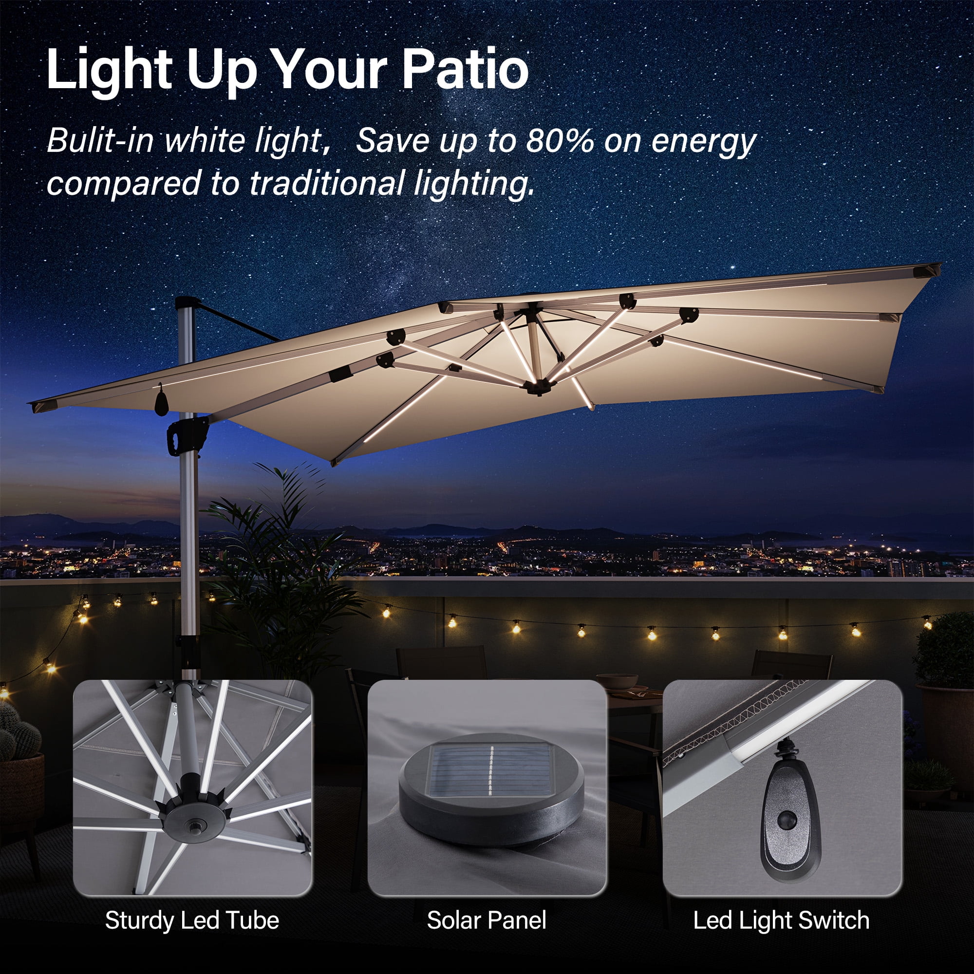 KAMEROUT Outdoor Patio Umbrella with Solar Lights, 10 FT Large Cantilever Windproof Offset Patio Umbrellas for Garden, Deck, Lawn, Pool, Backyard, Gray