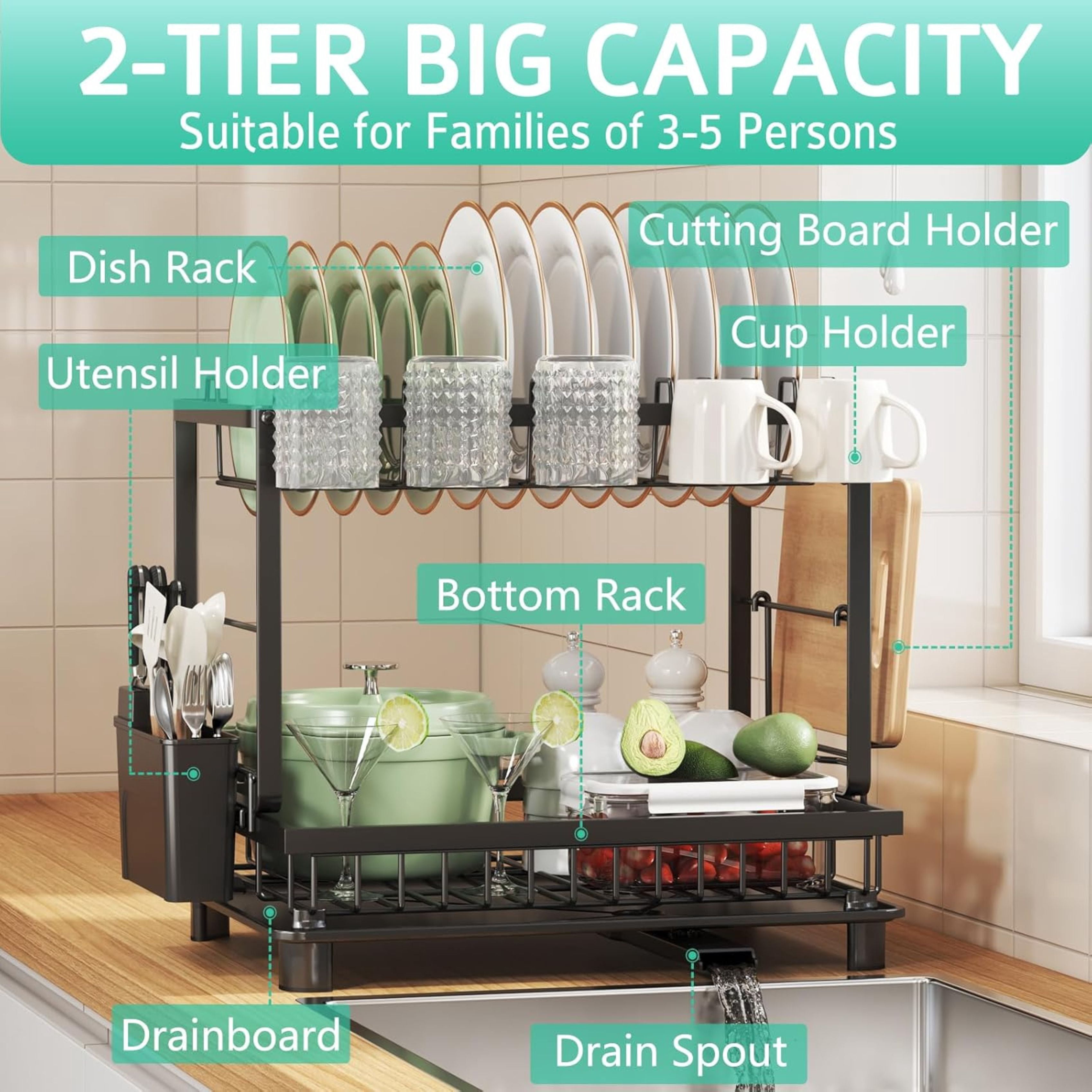 Vallary 2-Tier Dish Drying Rack with Drainboard – Rustproof Steel Kitchen Organizer with Utensil & Cup Holder, Cutting Board & Knife Stand – Space-Saving Countertop Dish Drainer (Black)