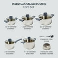 thumbnail image 2 of T-FAL Essentials Stainless Steel Cookware Set 12 Piece, Induction Compatible, Oven Safe 350F, Cooking Set w/Stewpots, Stockpot, Saucepan, Lids & Tools, Measuring Marks, Dishwasher Safe, Silver/Blue, 2 of 9