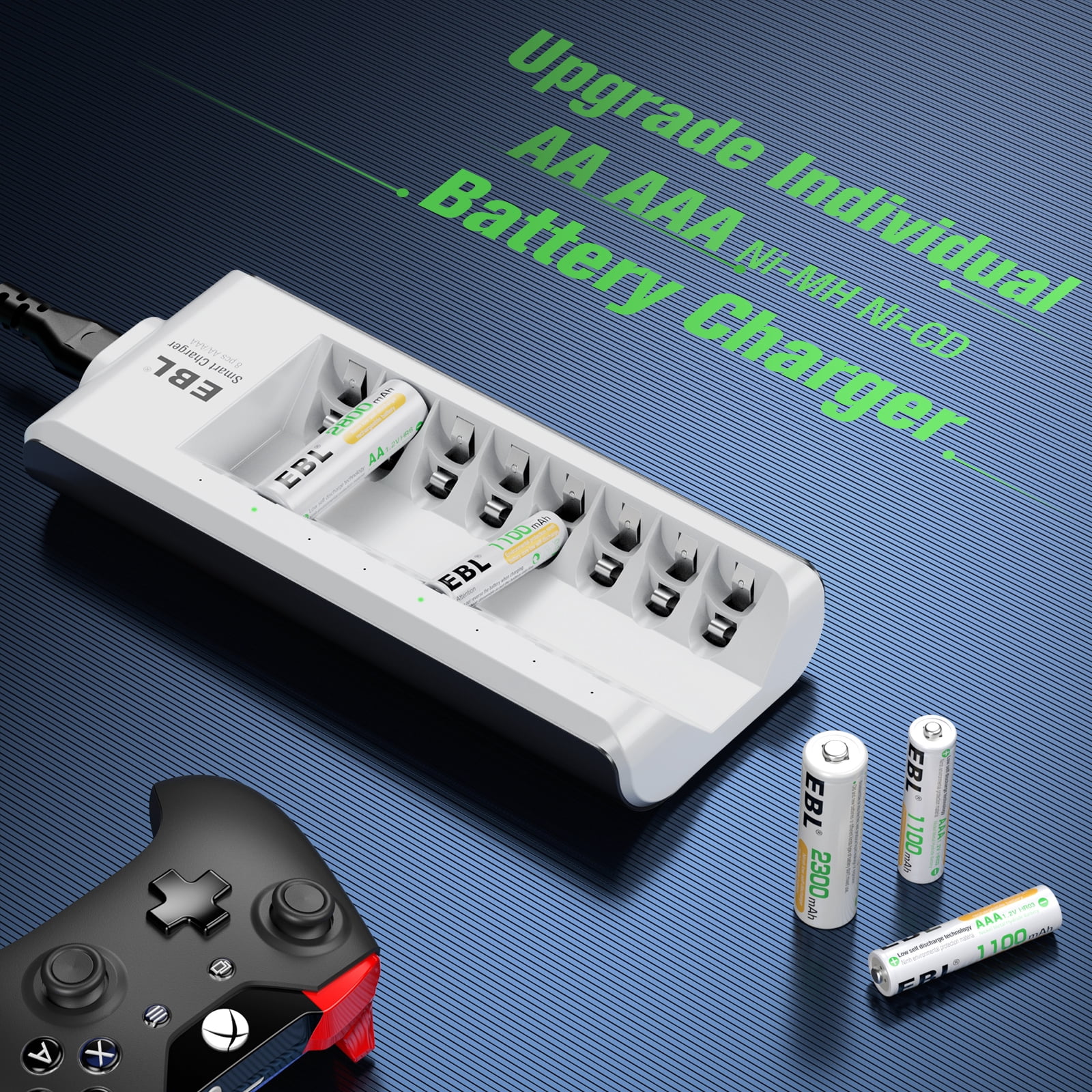 EBL 8 Bay AA & AAA Battery Charger for Ni-MH Ni-CD Rechargeable Batteries with Charging Cable, White