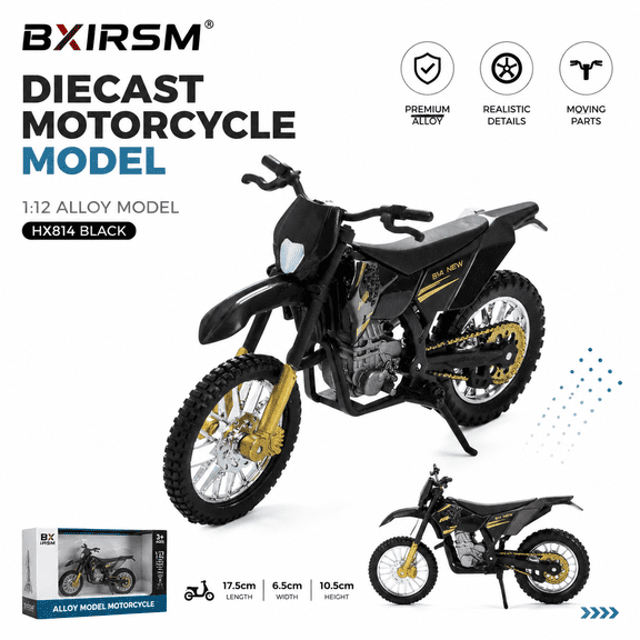 Black Alloy Dirt Bike Motorcycle Model,1:12 Diecast Motocross Toy with Kickstand,Realistic Mini Motorbike Collectible Gift for Boys Men Desk Decor
