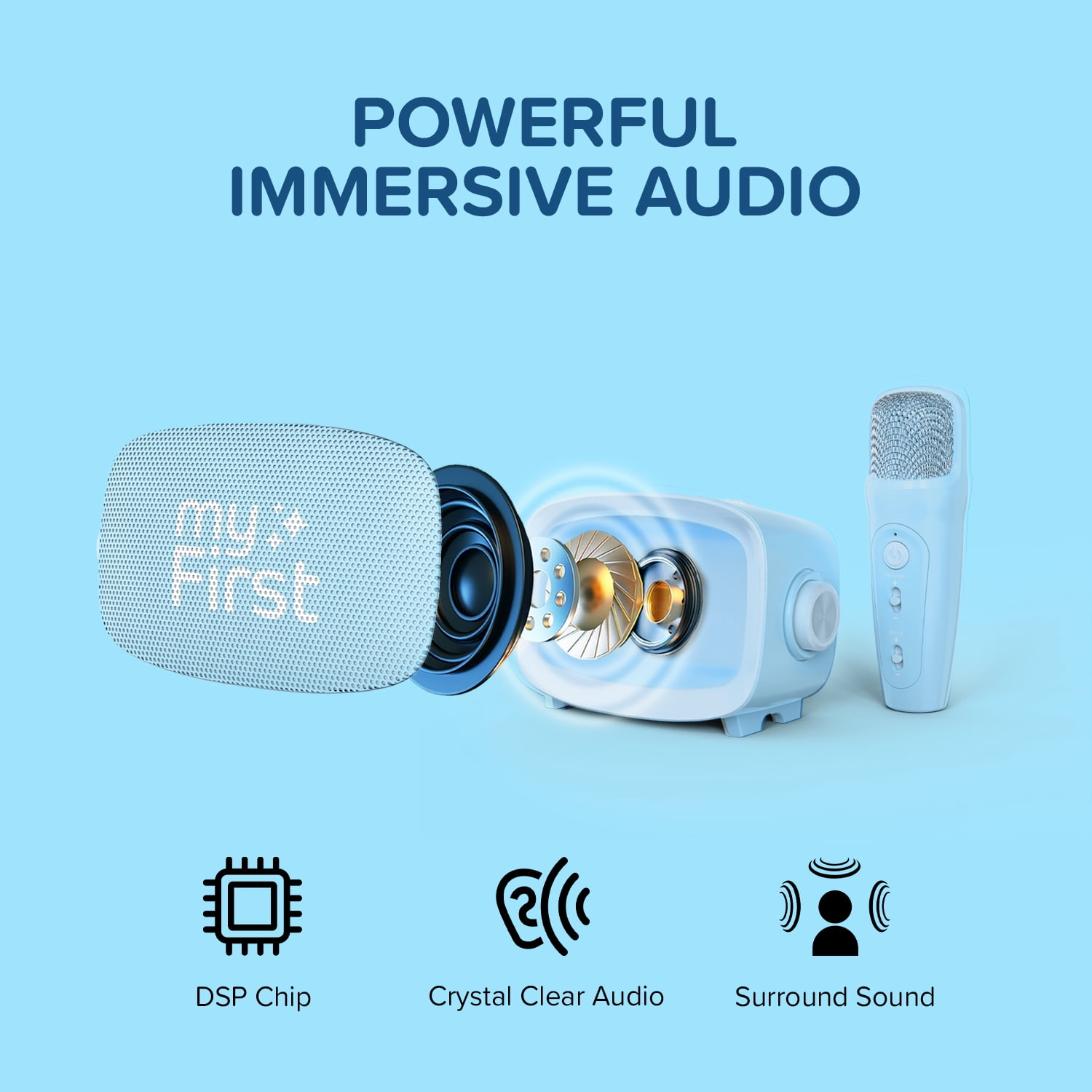 myFirst Voice 2 Kids Karaoke Machine: Portable Bluetooth Speaker, Wireless Microphone & 5 Voice Changers (Blue)