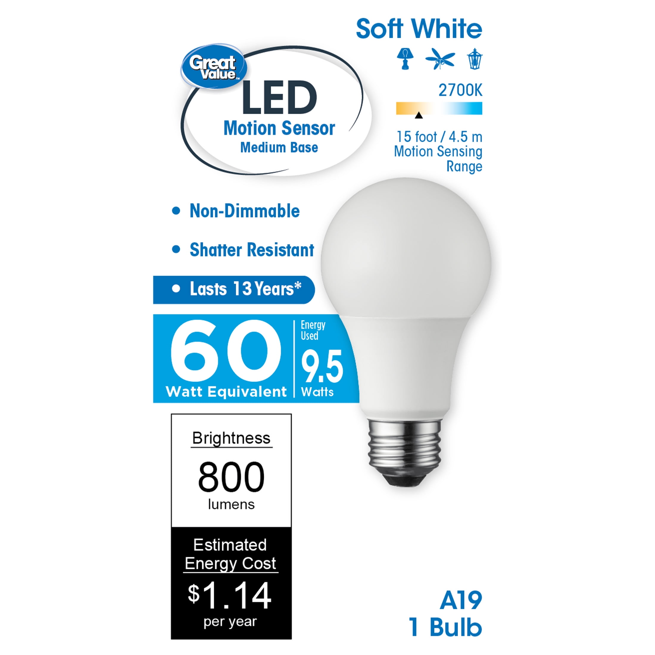 2 Motion Sensor Occupancy LED Bulbs 60w Equivalent 3000k Bright White A19 