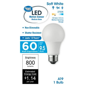 Great Value LED Light Bulb, 9.5W (60W Equivalent) A19 Motion Sensor Lamp E26 Medium Base, Non-dimmable, Soft White, 1-Pack