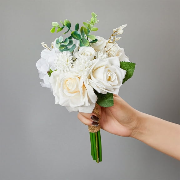 Bridesmaid Bouquet | Champagne Rose Artificial Flowers | White Plastic Wedding Bouquet for Bride & Bridesmaids | 11.8x6.6 Inch Faux Floral Arrangement
