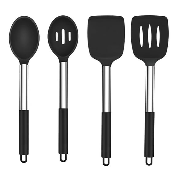 Kitchen Utensils,4 PCS Silicone Cooking Utensils Spatula Spoon Set with Stainless Steel Handle,for Frying Mixing Draining Turning,Healthy & Heat-proof,Non-stick & Dishwasher Safe - Black