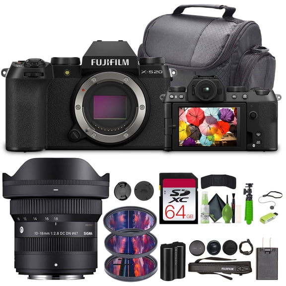 Fujifilm X-S20 Professional Compact Digital Mirrorless Camera Body, Black, Bundle with Sigma 10-18mm F/2.8 DC Contemporary Lens Fuji X   64GB Memory Card   Vlogging Tripod  Cleaning Kit   Accessories