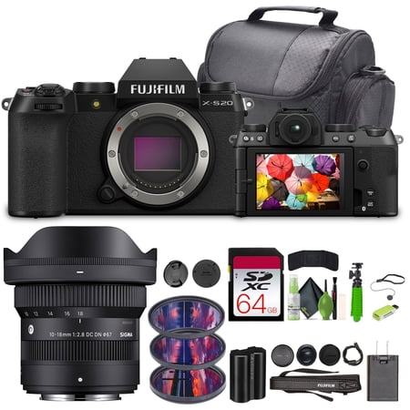 Fujifilm X-S20 Professional Compact Digital Mirrorless Camera Body, Black, Bundle with Sigma 10-18mm F/2.8 DC Contemporary Lens Fuji X + 64GB Memory Card + Vlogging Tripod +Cleaning Kit + Accessories