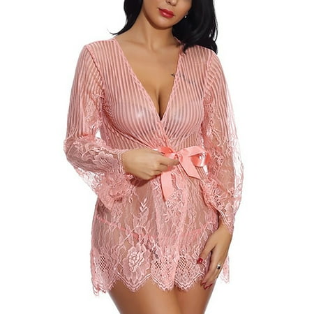

Capreze Women Lingerie Floral Nightwear Lace Teddy Chemise Deep V Neck Ladies Backless Belted Sexy Hollow Out Pink S