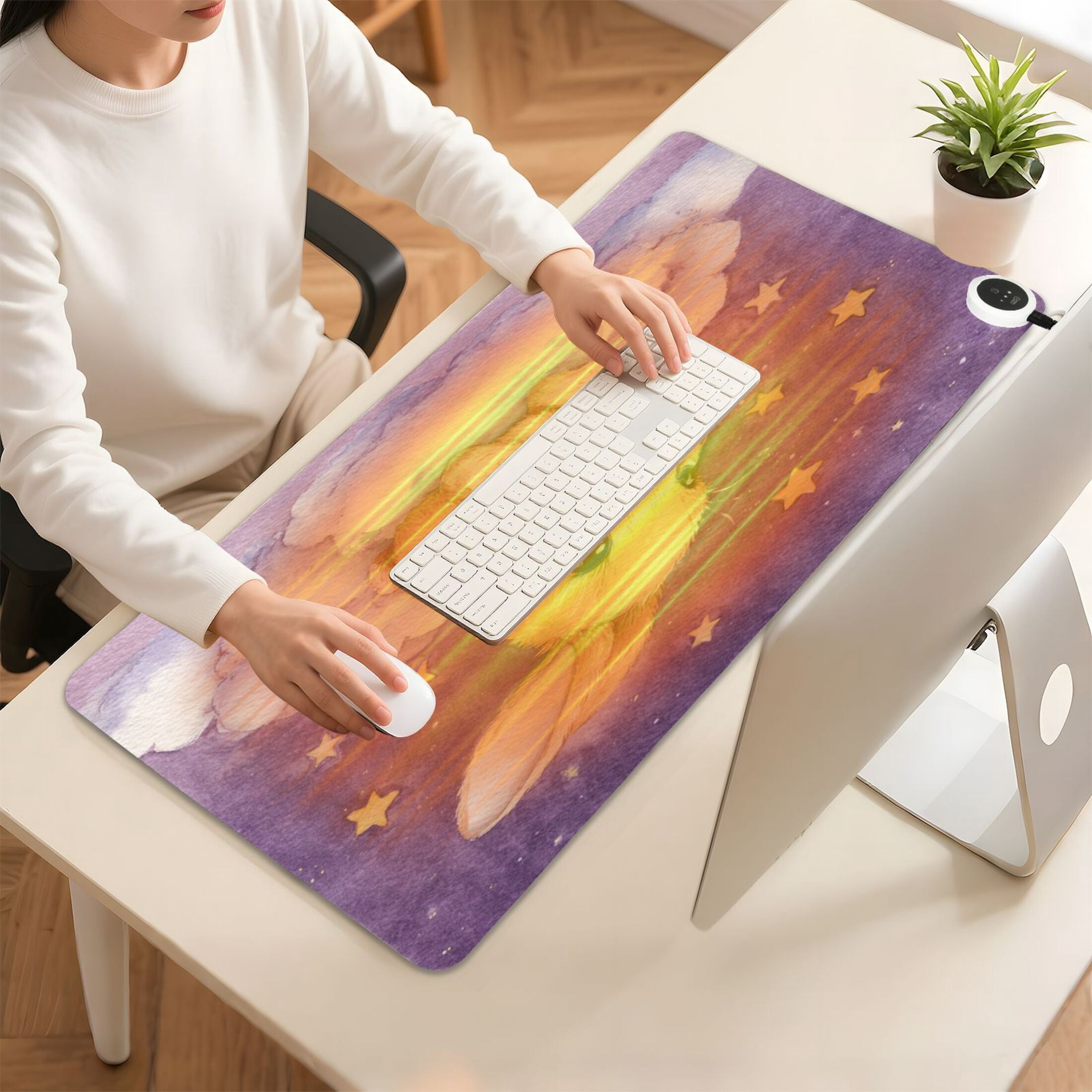 Large Heated Desk Mat Mouse Pad 31.5"x13"PU Leather Graphene Heating Desk Warmer with 3 Temperature Settings 110V US Plug Non-Slip Warm Pad for Home, Office, and Gaming Golden Rabbit with Star