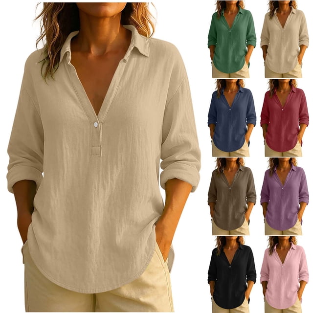 Ropa bonita,Blusa de lino con cuello en V para mujer, informal, de manga larga, con botones y cuello de solapa, para usar en casa o en la oficina, sopatenor
