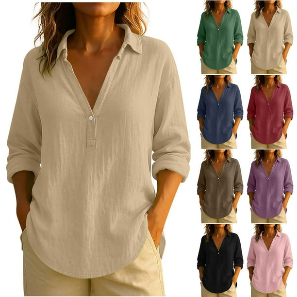 Ropa bonita,Blusa de lino con cuello en V para mujer, informal, de manga larga, con botones y cuello de solapa, para usar en casa o en la oficina, sopatenor