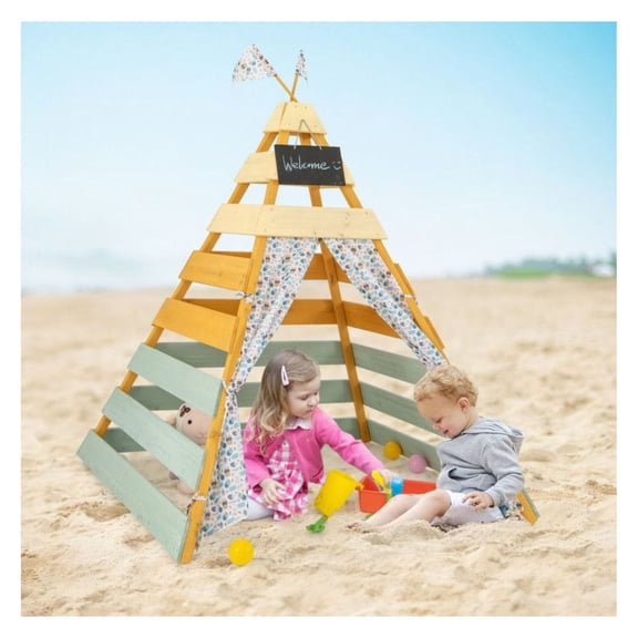 Triangle Playhouse with Chalkboard - Kids Teepee Tent for Indoor Outdoor Play - Fir Wood Hideaway Play Tent with Washable Flags & Curtains - Montessori Gift for Ages 3-8, Multicolor