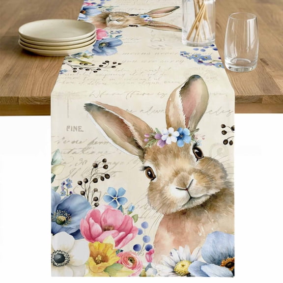Bunny Easter Table Runner 90 Inches Long Farmhouse Dress Scarves, Vintage Spring Floral Blue Eucalyptus Leaves Dining Tablerunner for Coffee Table/Kitchen Island/Party Décor, 13" x 90"