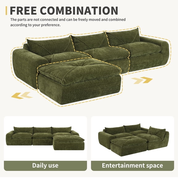Sectional Sofa, Compressed Couch, Legless Design with Free Ottoman, High-Density Foam and Integrated Cushions, No Assembly Particle Chenille Sofa for Living Room, 116 Inch, Green