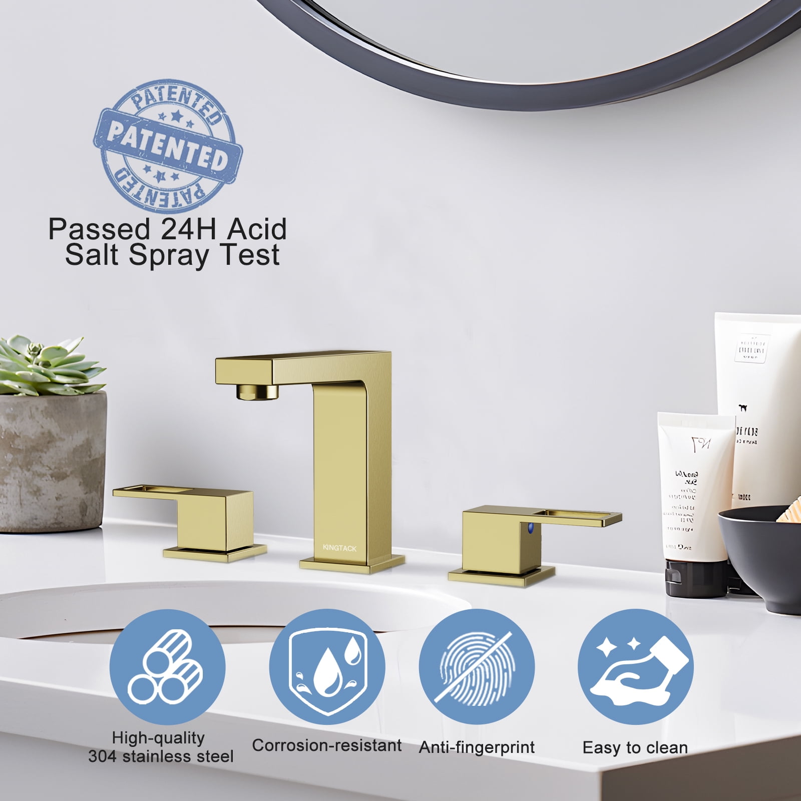 KINGTACK Bathroom Faucet for Sink 3 Hole, 8 inch Brushed Gold Bathroom Faucet with Pop Up Drain, 2 Handle Vanity Faucet with Water Supply Hoses