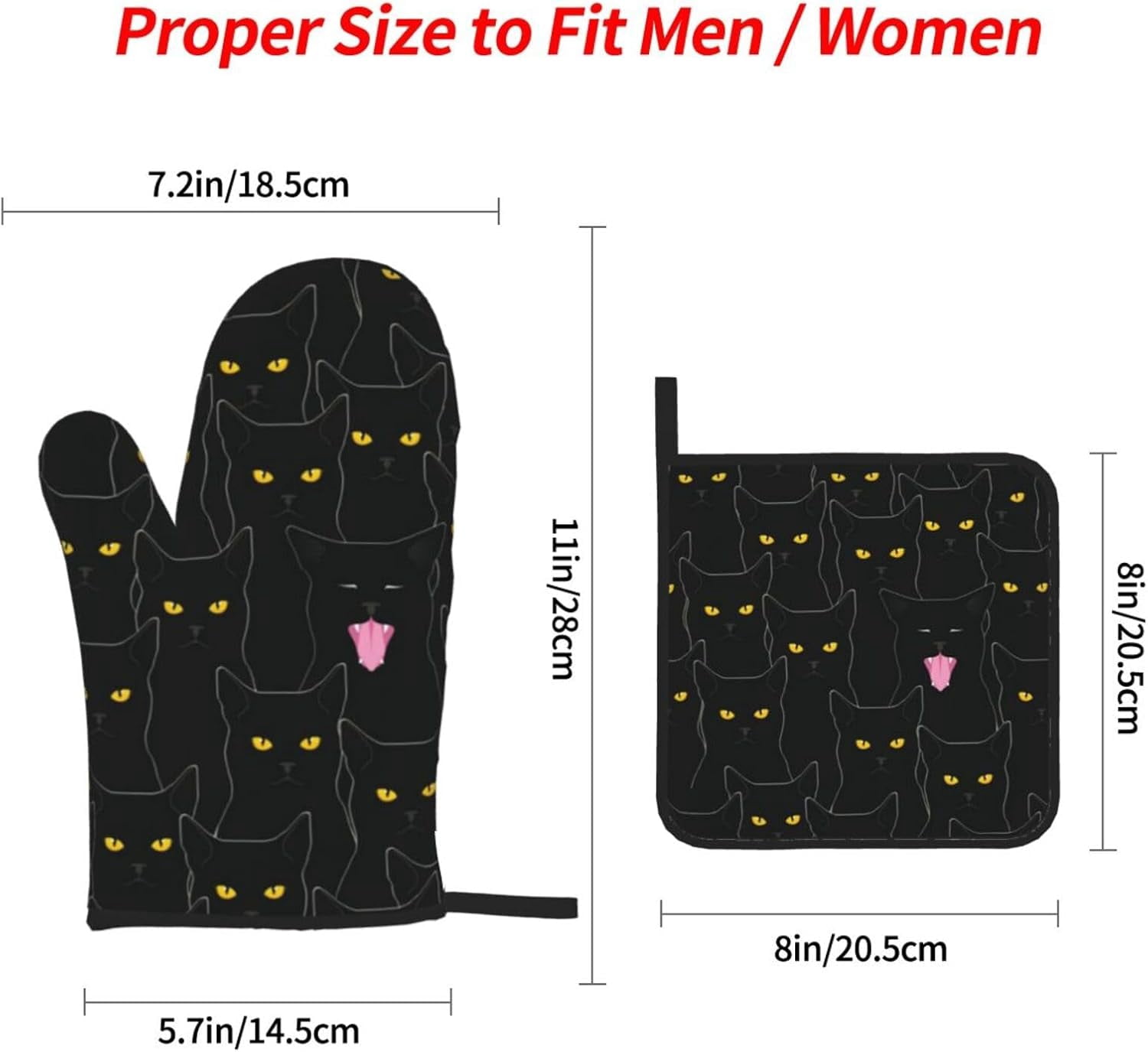 Cute Black Cats Oven Mitts and Pot Holders Sets of 4，Heat Resistant Kitchen Microwave Gloves Non-Slip Pot Pads for Grilling Baking Cooking BBQ