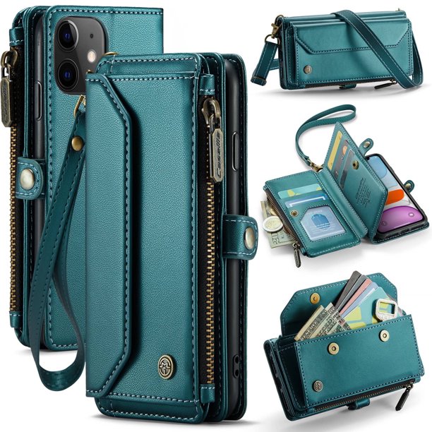 Bandolera para Billetera con Funda para iPhone 11【Bloqueo RFID】con Ranura para Billetes con Cremallera y 7 Tarjeteros, Correa Magnética para Hombro y Muñeca de Cuero PU Suave para Billetera
