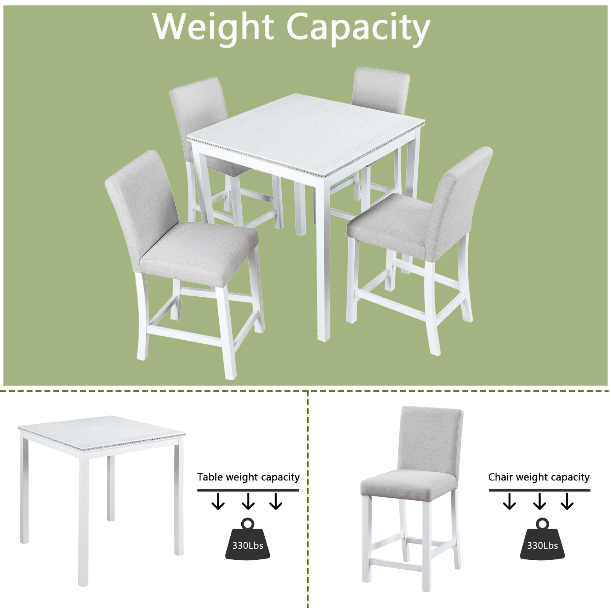 Leumius 5 Pieces Dining Table Set,Counter Height Table Set with Square Table and 4 Upholstered Chairs,Wooden Kitchen Table Set for Kitchen, Dining Room,Light Gray+White
