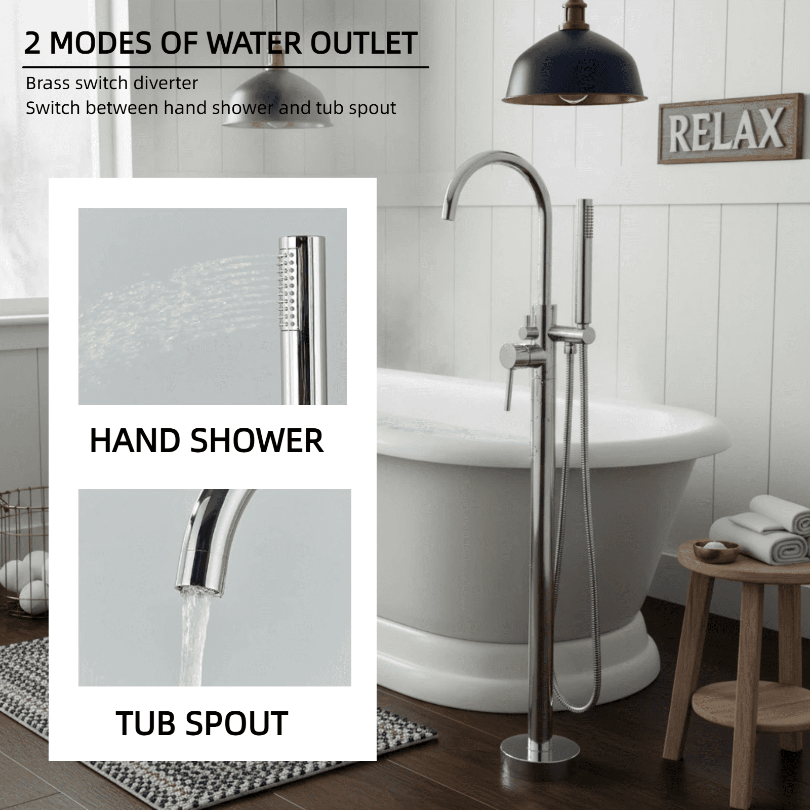Sliver Floor Mount Bathtub Faucet, Freestanding Tub Filler with Handheld Shower, High Flow Bathroom Shower Mixer Tap with Single Handle