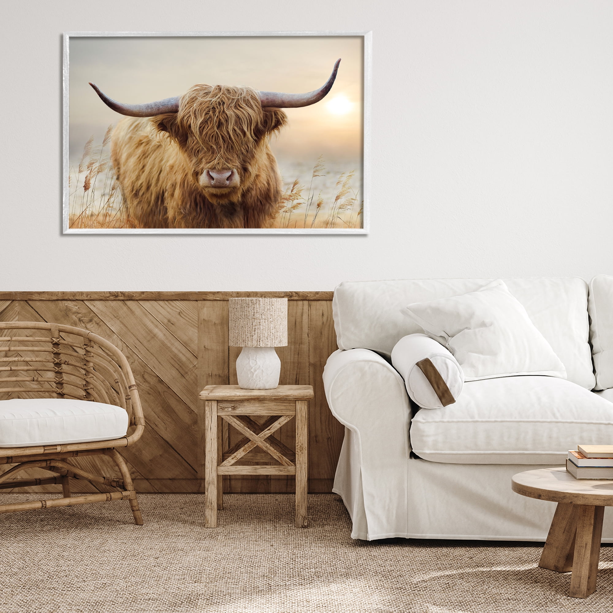Stupell Industries Highland Cow & Warm Sunset White Framed Giclee Art, design by CAD Designs
